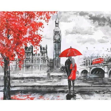 Paint by Numbers Kit - A Couple In London With Umbrella And A Red Tree