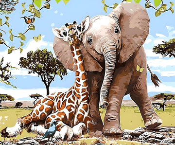 Paint by Numbers Kit - A Giraffe And An Elephant Together