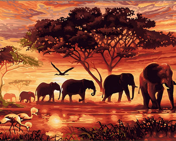 Paint by Numbers Kit - A Sunset And A Herd Of Elephant
