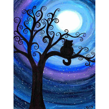 Diamond Paintings - A Black Tree Cat and Moon