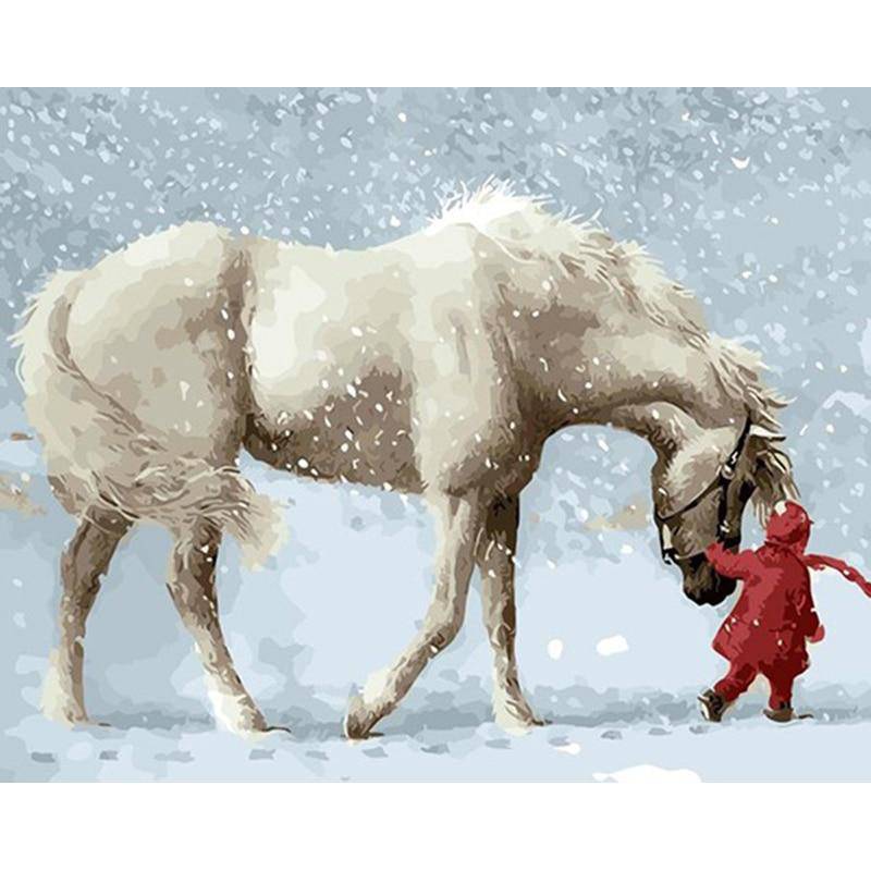 Paint by Numbers Kit - A White Horse And A Little Girl In The Snow