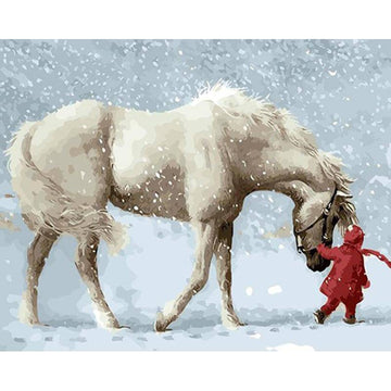 Paint by Numbers Kit - A White Horse And A Little Girl In The Snow