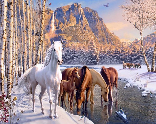 Paint by Numbers Kit - Horses during winter near the river