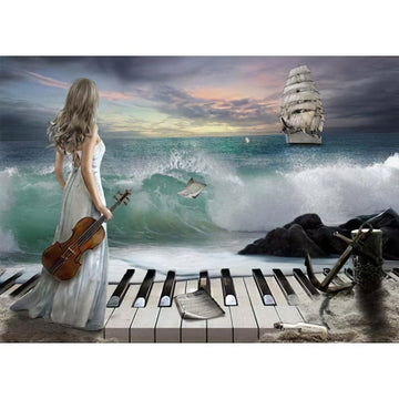 Diamond Paintings - Lady With Violin In Front Of The The Sea