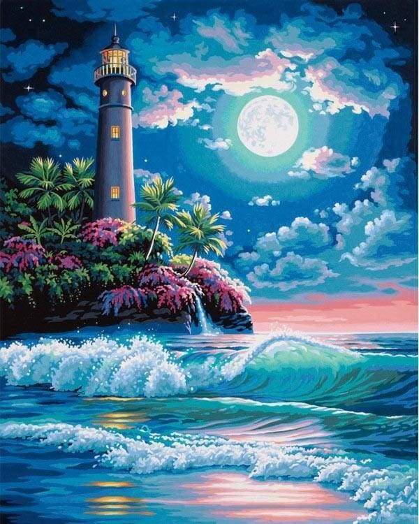 Paint by Numbers Kit - Lighthouse under a full moon