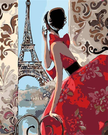 Paint by Numbers Kit - Red Dressed Women and Eiffel Tower