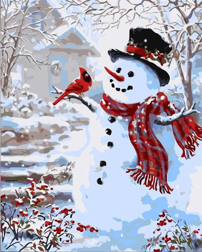 Diamond Paintings - Snowman With Red Bird