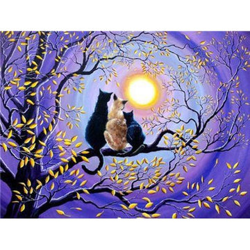 Diamond Paintings - Three Cat Sitting On Tree At Moonlit Night