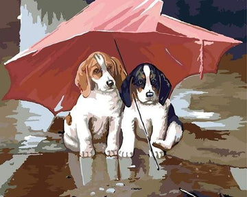 Paint by Numbers Kit - Two Puppies under a red umbrella