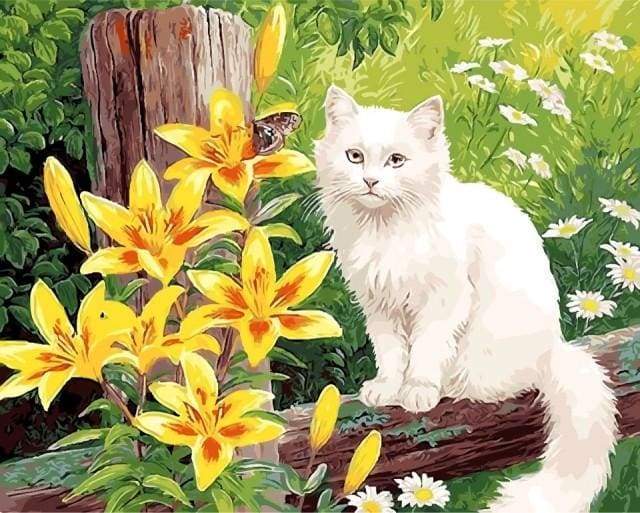 Paint by Numbers Kit - White Cat and Yellow Flowers